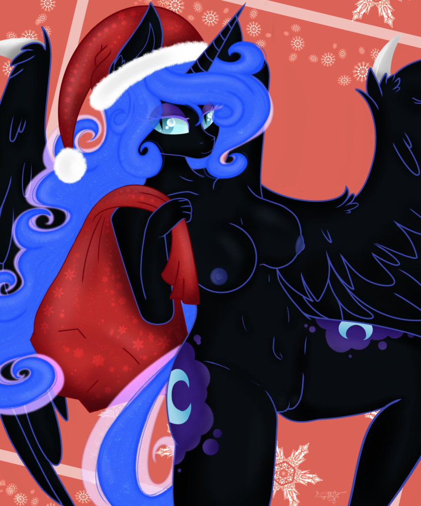 abstract_background anthro big_breasts breasts christmas christmas_clothing christmas_headwear clothing cutie_mark equid equine ethereal_hair female friendship_is_magic genitals hat headgear headwear hi_res holidays horn looking_aside mammal my_little_pony nightmare_moon_(mlp) nude pussy raised_leg sack santa_hat solo spread_wings synthsparkle winged_unicorn wings