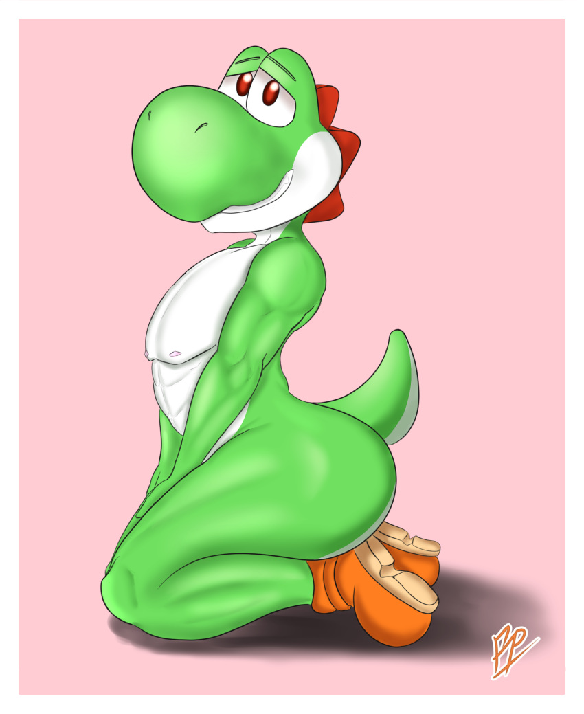 anthro athletic butt clothing dinosaur footwear frostyphox green_body green_yoshi hi_res kneeling male mammal mario_bros narrowed_eyes nintendo nude red_eyes reptile scalie shoes simple_background sitting smile solo spikes video_games yoshi yoshi_(character)