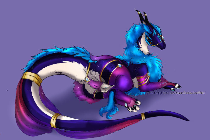 3:2 clothed clothed_feral clothing dragon embyr female feral fluffy fluffy_chest fluffy_tail fur furred_dragon herm hi_res intersex lingerie nipple_chain solo sugar.rush teats