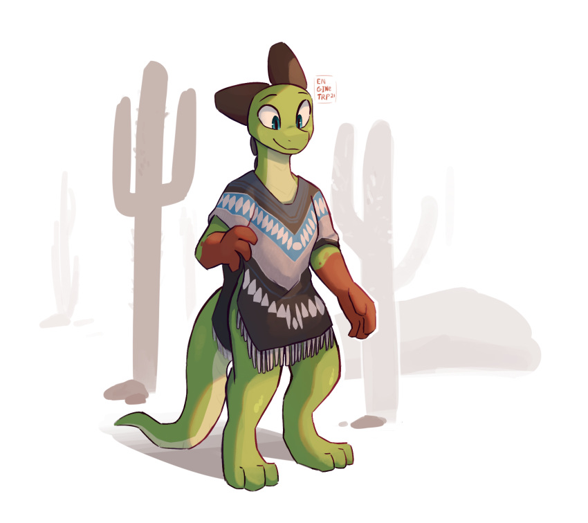 2021 3_toes anthro artist_name barefoot blue_eyes cactus clothed clothing digital_media_(artwork) digitigrade dragon enginetrap feet green_body hi_res horn malphas_(enginetrap) plant poncho scalie shaded smile solo standing toes western_dragon