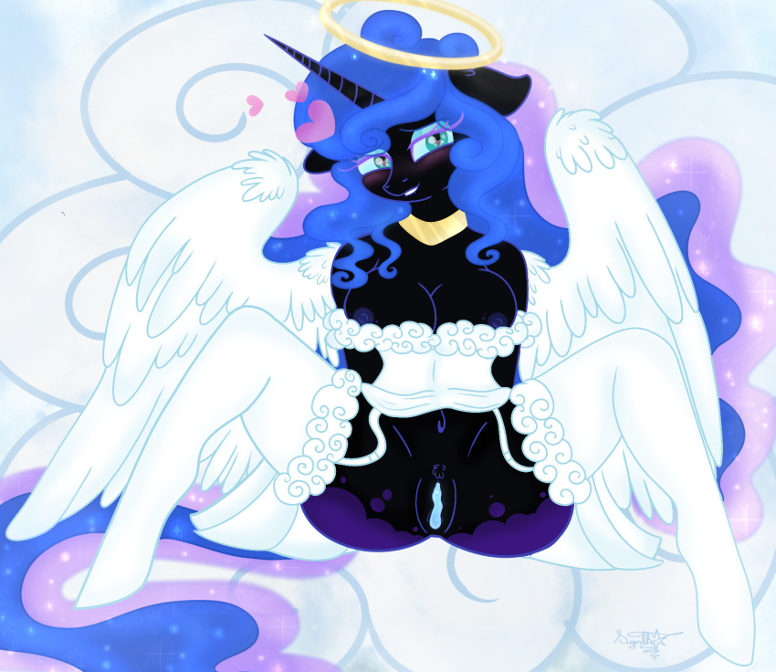 &lt;3 abstract_background anthro big_breasts breasts clothing corset dress equid equine feathered_wings feathers female friendship_is_magic genitals halo hi_res horn lingerie looking_at_viewer mammal my_little_pony nightmare_moon_(mlp) pussy solo spread_legs spreading synthsparkle topwear unguligrade_anthro wedding_dress winged_unicorn wings