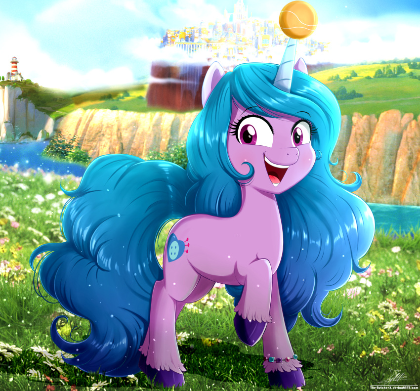 2021 absurd_res ball blue_hair bracelet cutie_mark equid equine female fur hair hasbro hi_res hooves horn izzy_moonbow_(mlp) jewelry lighthouse looking_at_viewer mammal mlp_g5 my_little_pony open_mouth open_smile purple_body purple_eyes purple_fur smile solo tennis_ball text the-butcher-x unicorn url zephyr_heights