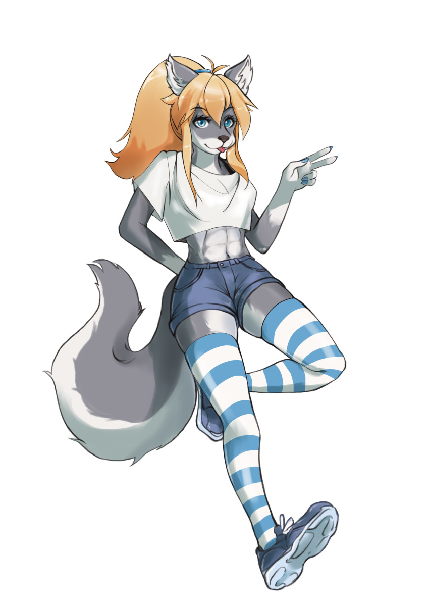 abs absurd_res anthro blep blonde_hair blue_eyes bottomwear canid canine canis clothing colored_nails crop_top elias_whitefire ellie_whitefire eurasian_wolf eyelashes footwear fur girly grey_body grey_fur hair hi_res hotpants legwear long_eyelashes male mammal nails ponytail shirt shoes shorts sneakers solo thigh_highs tongue tongue_out topwear white_body white_skin wolf yovini