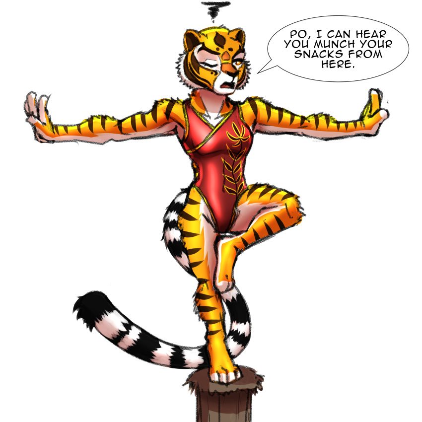 1:1 2021 4_toes absurd_res annoyed anthro arms_out balancing barefoot breasts clothing countershade_feet countershading dialogue dreamworks english_text feet felid female fur hi_res kung_fu_panda looking_aside mammal master_tigress multicolored_body multicolored_fur mykegreywolf on_one_leg one-piece_swimsuit one_eye_closed orange_body orange_fur pantherine solo standing striped_body striped_fur stripes swimwear text tiger toes two_tone_body two_tone_fur white_body white_fur