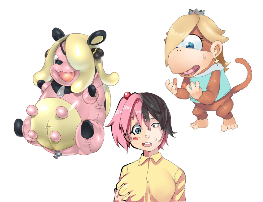 2018 alternate_species animate_inanimate black_hair blonde_hair blue_eyes bodily_fluids breasts brown_body brown_fur clothing cynthia_(pok&eacute;mon) female fur hair hand_on_breast haplorhine hi_res human inanimate_transformation inflatable living_inflatable looking_down mammal mario_bros menma911 miltank monkey nintendo open_mouth pink_hair pink_mouth pok&eacute;mon pok&eacute;mon_(species) pokemon_champion primate rosalina_(mario) shirt short_hair simple_background smile standing super_mario_galaxy sweat sweatdrop topwear transformation video_games white_abckground white_background