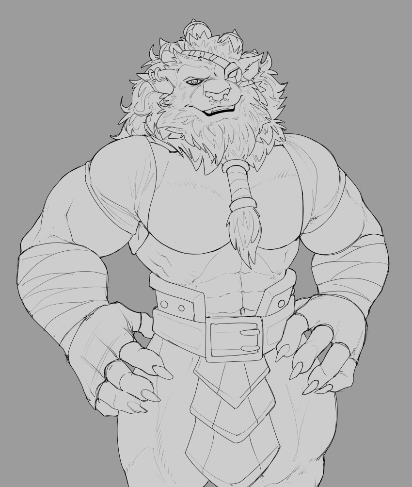 5_fingers abs absurd_res anthro armor bandaged_arm beard belt big_abs big_biceps big_deltoids big_muscles big_pecs big_quads blind_eye braided_hair bristol claws clothed clothing deltoids facial_hair felid feline fingers front_view grey_background hair hands_on_legs hi_res humanoid_hands league_of_legends looking_at_viewer male mammal monochrome muscular muscular_anthro muscular_male navel open_mouth open_smile pecs portrait rengar_(lol) riot_games serratus simple_background skimpy smile smiling_at_viewer solo standing three-quarter_portrait toony topless topless_anthro topless_male triceps unconvincing_armor video_games