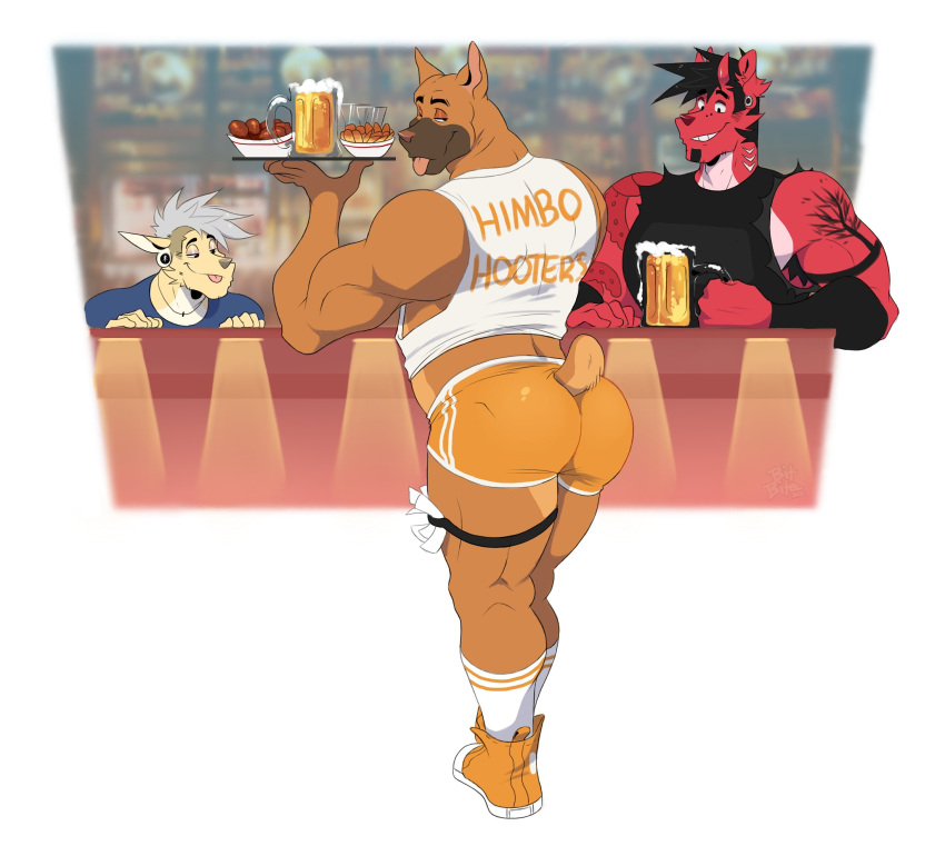 2021 alcohol anthro beer beverage big_butt bit-bite blep bottomwear butt canid canine canis clothing container cup domestic_dog english_text femboy_hooters fish food footwear hi_res himbo himbo_hooters holding_object holding_plate hooters_uniform hotpants hybrid legband looking_at_viewer looking_back looking_back_at_viewer male male_focus mammal marine money muscular muscular_anthro muscular_male narrowed_eyes pit_bull pj_(pittiepj) plate restaurant scott_(bit-bite) shark shirt shoes shorts smile socks standing tank_top text text_on_clothing text_on_shirt text_on_tank_top text_on_topwear thighband tongue tongue_out topwear waiter working