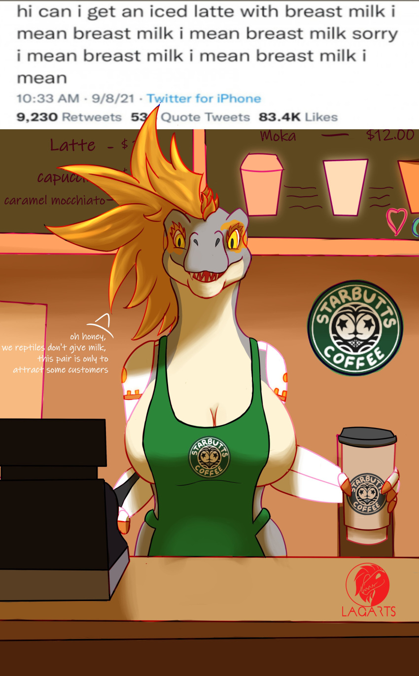 absurd_res anthro apron apron_only barista breasts clothing coffee_cup container countershade_face countershade_torso countershading cup dinosaur english_text fangs female green_apron hair hi_res i_mean_breast_milk lagarts meme mostly_nude reptile scalie solo text text_on_apron text_on_clothing