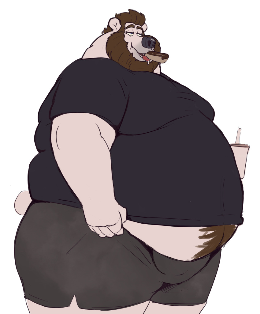 absurd_res beard bodily_fluids bulge drooling eating eating_food facial_hair fatpad fupa hair hairy hi_res male mammal moobs morbidly_obese obese overhang overweight overweight_male polar_bear saliva saliva_string solo tcw tcw_(character) ursid ursine weight_gain