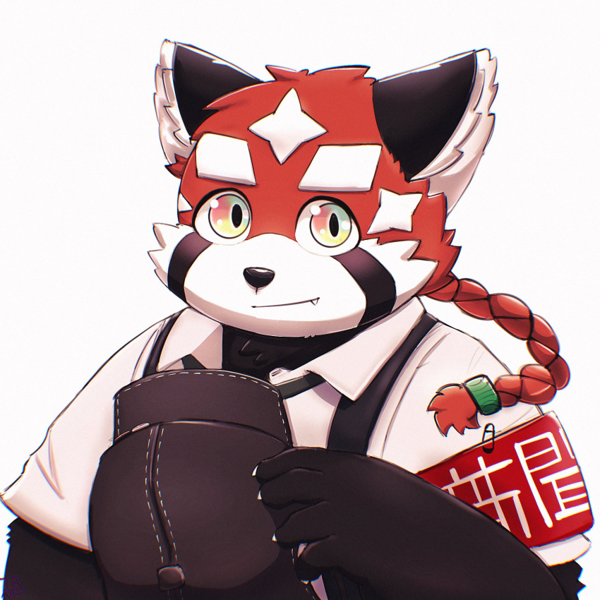 1:1 2021 ailurid anthro biped black_nose clothed clothing cute_fangs fur hi_res kemono lifewonders male mammal popolipo00 portrait red_body red_fur red_panda shirt simple_background solo suspenders tokyo_afterschool_summoners topwear video_games white_background white_body white_fur zhurong_(tas)