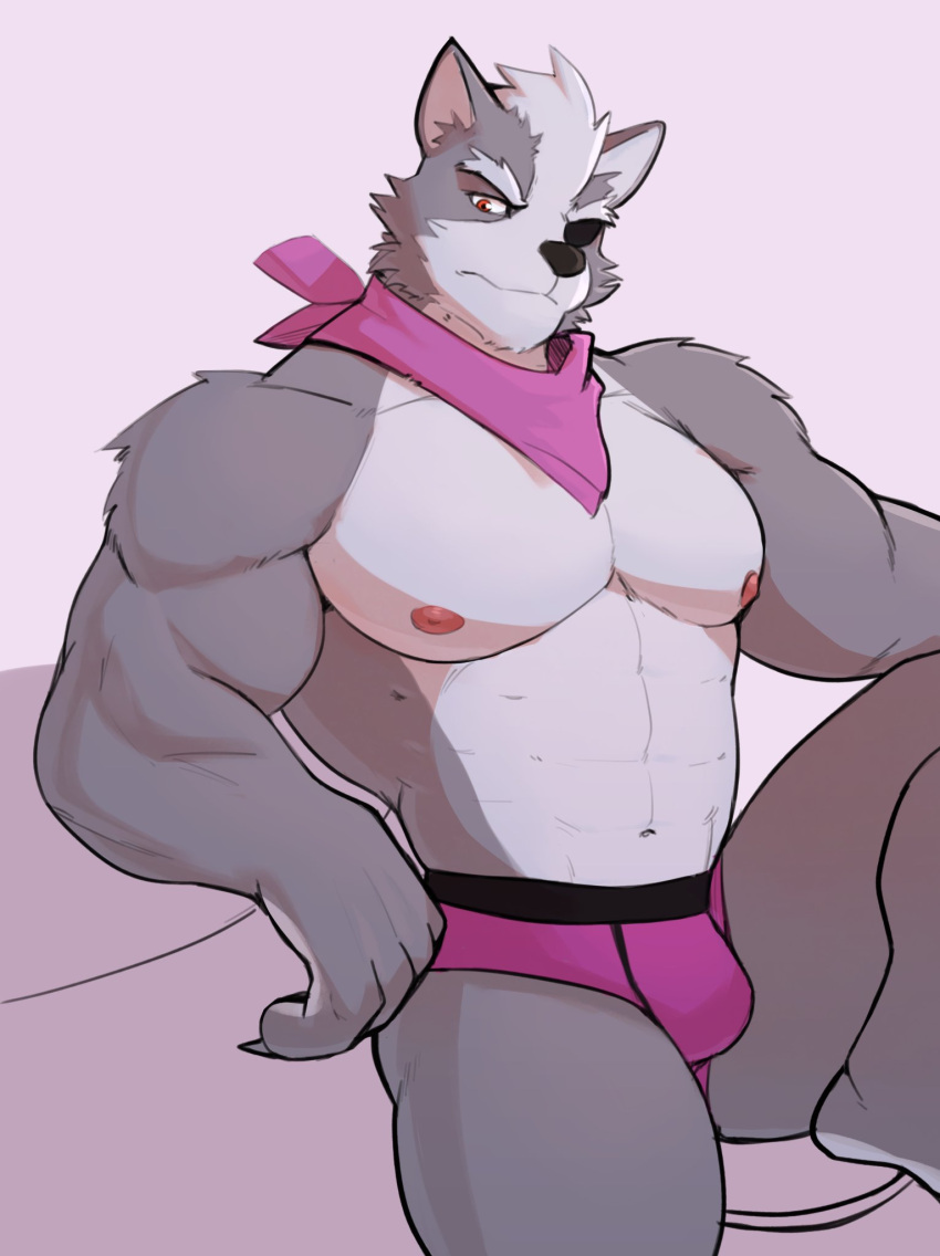 2021 abs anthro big_muscles bulge canid canine canis clothing countershade_torso countershading eye_patch eyebrows eyewear fur grey_background grey_body grey_fur hair hi_res jrjresq looking_at_viewer male mammal multicolored_body multicolored_fur muscular muscular_anthro muscular_male navel neckerchief nintendo nipples pecs simple_background sitting solo star_fox thick_thighs tuft two_tone_body two_tone_fur underwear video_games wolf wolf_o'donnell