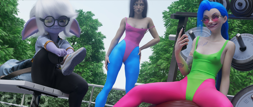 3d_(artwork) bench black_hair blue_body blue_clothing blue_hair blue_legwear blue_tights bottomwear breasts cleavage clothed clothing digital_media_(artwork) erect_nipples exercise eyewear facial_tattoo female fitness footwear glasses green_leotard group gurobase gym_bag gym_clothing hair human humanoid humanoid_pointy_ears jinx_(lol) kai'sa_(lol) league_of_legends legwear leotard mammal nipple_slip nipples outside pants phone pink_leotard pink_tights plant railing riot_games shirt shoes small_breasts sneakers spread_legs spreading sunglasses t-shirt tattoo tights topwear tree tristana_(lol) video_games weight_bench weights white_hair wide_hips workout workout_clothing yoga_pants yordle