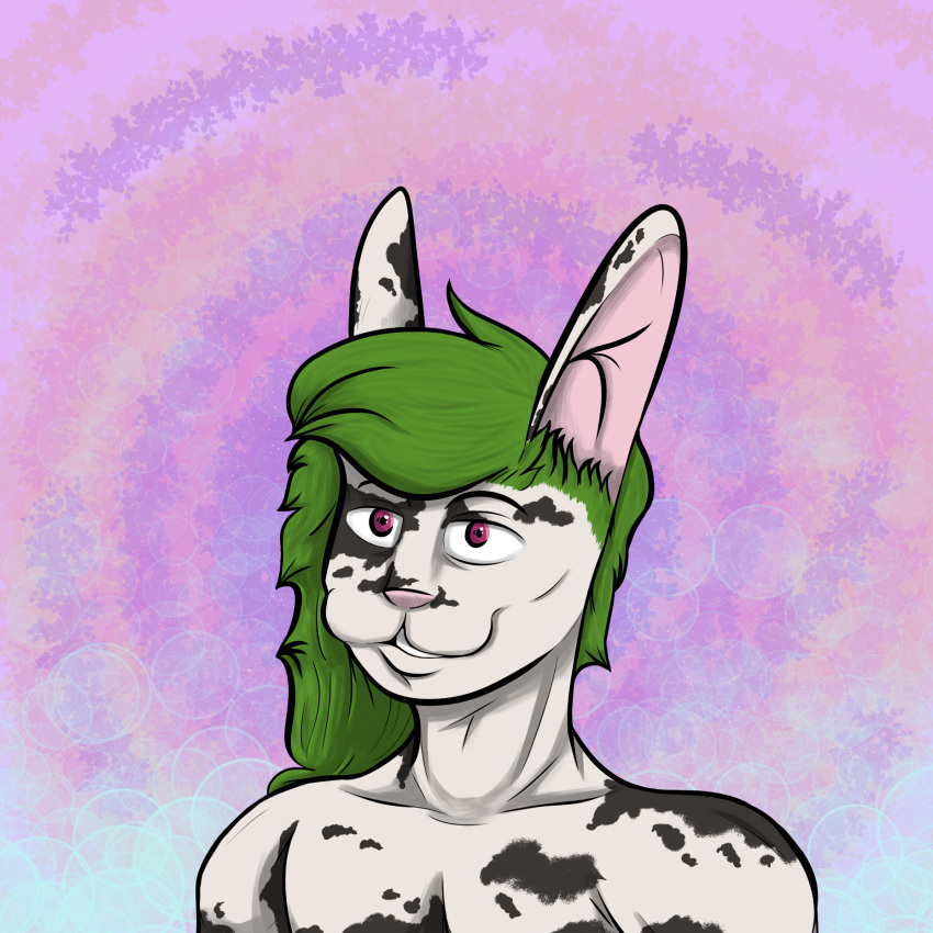 1:1 abstract_background anthro bangs black_spots blanc_de_hotot eyebrows fur green_hair hair hi_res lagomorph lean_muscle leporid male mammal psychedelic_background purple_eyes rabbit shirtless shirtless_male smile snout solo spots swept_bangs trashmen white_body white_fur