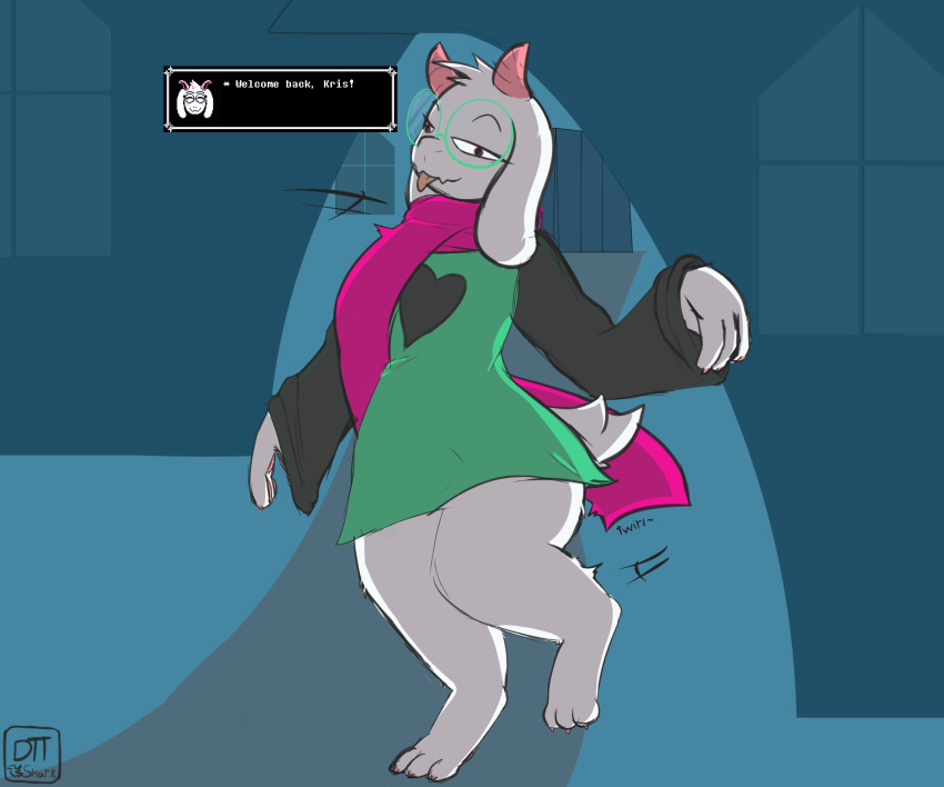 3_toes 6:5 anthro barefoot blep bovid caprine claws clothing deltarune dialogue dialogue_box digitigrade dttart feet goat hi_res male mammal ralsei robe scarf solo text_box toes tongue tongue_out twirling undertale_(series) video_games wide_sleeves