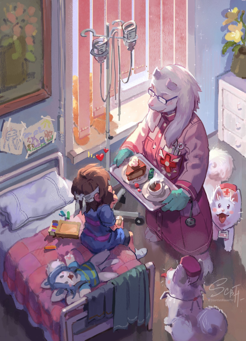 anthro bed bedding beverage blanket bloomth bovid breasts cake canid canine caprine clothed clothing dessert eyewear felid feline female food fur furniture glasses gloves goat group hair handwear hi_res hospital hospital_bed human lying mammal nurse on_back open_mouth pillow protagonist_(undertale) tea tem temmie_(undertale) text topwear toriel undertale undertale_(series) video_games white_body white_fur