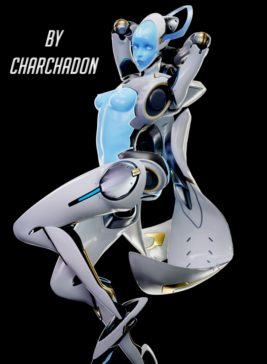 3d_(artwork) absurd_res blue_body blue_skin breasts digital_media_(artwork) echo_(overwatch) eyelashes facial_markings female forehead_markings glowing head_markings hi_res hologram holographic humanoid machine markings navel nipples nude pahanrus2 pinup pose robot solo