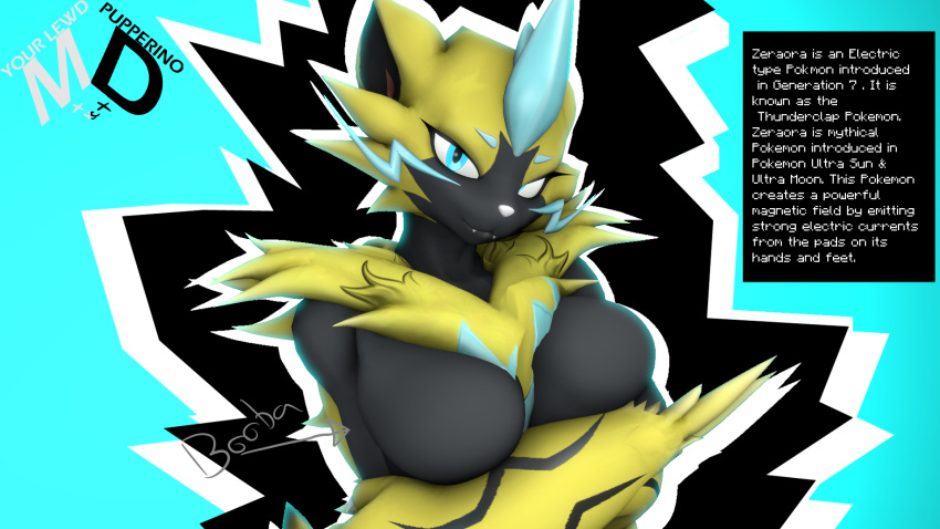 16:9 3d_(artwork) anthro arms_under_breasts blue_background breast_squish breasts description digital_media_(artwork) english_text female hi_res legendary_pok&eacute;mon metaldolphin nintendo pok&eacute;mon pok&eacute;mon_(species) simple_background smug solo source_filmmaker squish text video_games widescreen zeraora