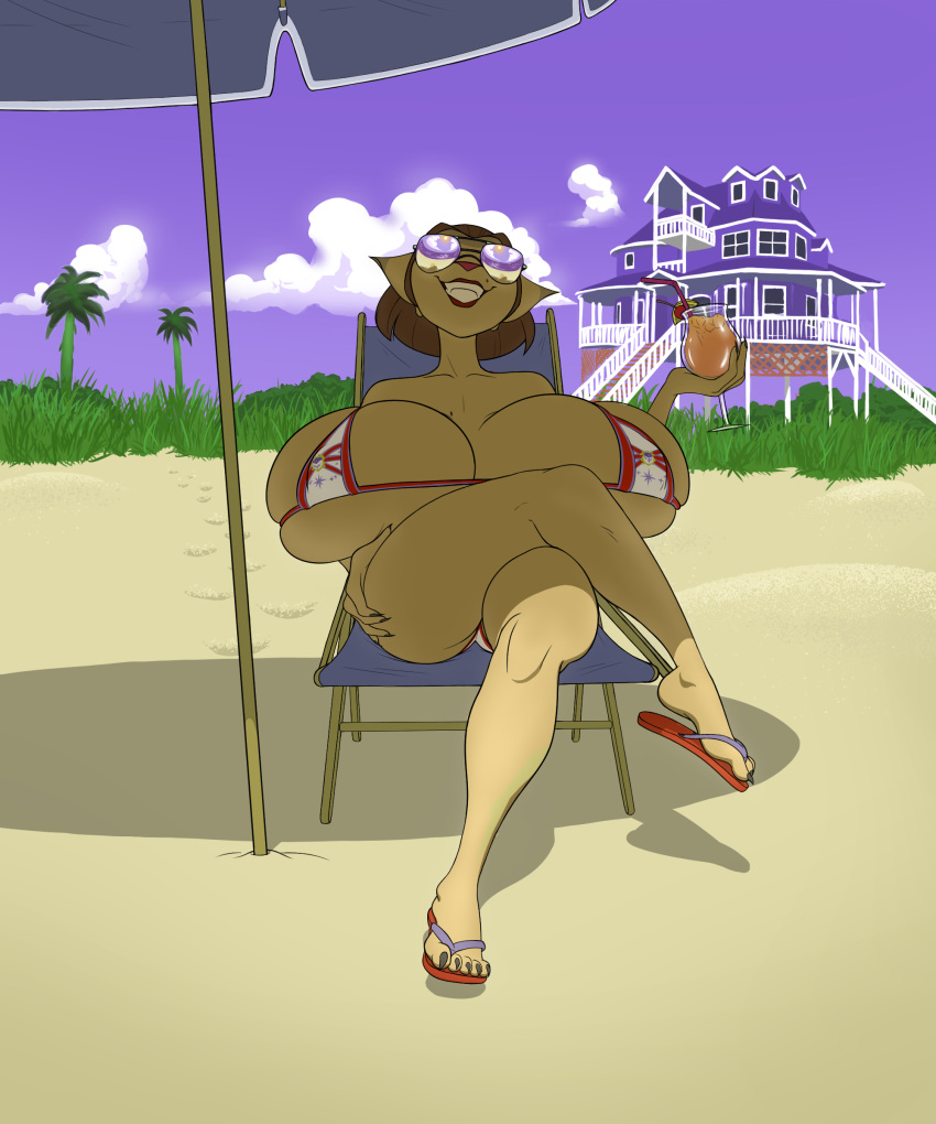 5:6 absurd_res alien anthro beach beverage big_breasts bikini breast_squish breasts captain_amelia clothing disney domestic_cat eyewear felid feline felis female footwear grin hi_res holding_beverage holding_object huge_breasts hyper hyper_breasts kabrro looking_at_viewer mammal sandals seaside smile solo squish sunglasses swimwear treasure_planet