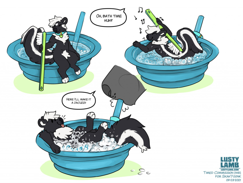 4:3 ambiguous_gender anthro bath bathing bowl brush bubble collar conditional_dnp container english_text lustylamb macro mammal mephitid micro simple_background skunk text toothbrush url