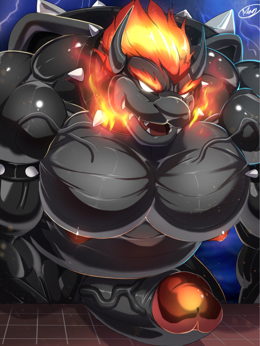 2021 3:4 anthro armband barazoku bastroceive belly big_muscles big_pecs big_penis black_body bowser bowser's_fury breath_powers collar elemental_manipulation erection eyebrows fire fire_breathing fire_manipulation fury_bowser genitals grey_body hair hi_res horn huge_muscles huge_penis humanoid_genitalia humanoid_penis koopa lightening macro male mario_bros musclegut muscular muscular_anthro muscular_male narrowed_eyes nintendo nipples nude open_mouth open_smile outside pecs penis scalie shell signature smile solo spiked_armband spiked_collar spiked_shell spikes spikes_(anatomy) standing storm teeth thick_penis tongue vein video_games white_eyes