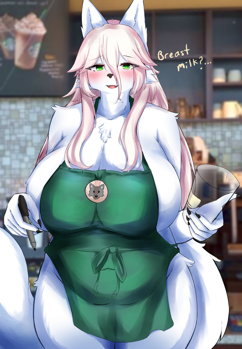 absurd_res anthro apron apron_only blush breasts canid canine chest_tuft cleavage clothed clothing female fur green_apron hair hi_res i_mean_breast_milk kemono kyuukon mammal meme mostly_nude pink_hair solo tuft white_body white_fur