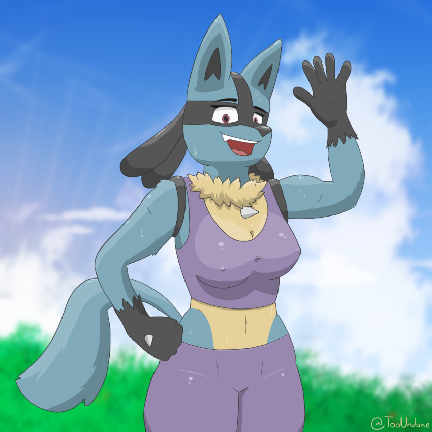 1:1 anthro biped blue_body blue_fur bodily_fluids bottomwear breasts canid canine clothed clothing crop_top day digital_media_(artwork) exercise exercise_clothing female fingers fur gesture hi_res leggings legwear looking_at_viewer lucario mammal navel nintendo nipple_outline nipples open_mouth outside pok&eacute;mon pok&eacute;mon_(species) purple_clothing red_eyes shirt simple_background sky smile smiling_at_viewer solo standing sweat sweatdrop sweaty_breasts thick_thighs tight_clothing tongue tooundone topwear video_games waving waving_at_viewer