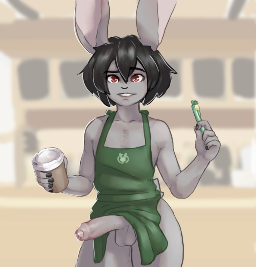 animal_humanoid anthro apron apron_only big_penis black_hair black_nails bodily_fluids clothing colored_nails foreskin genital_fluids genitals girly green_apron hair humanoid humanoid_genitalia i_mean_breast_milk lagomorph leporid male mammal meme mostly_nude nails penis psychobun rabbit red_eyes sibeth solo starbucks