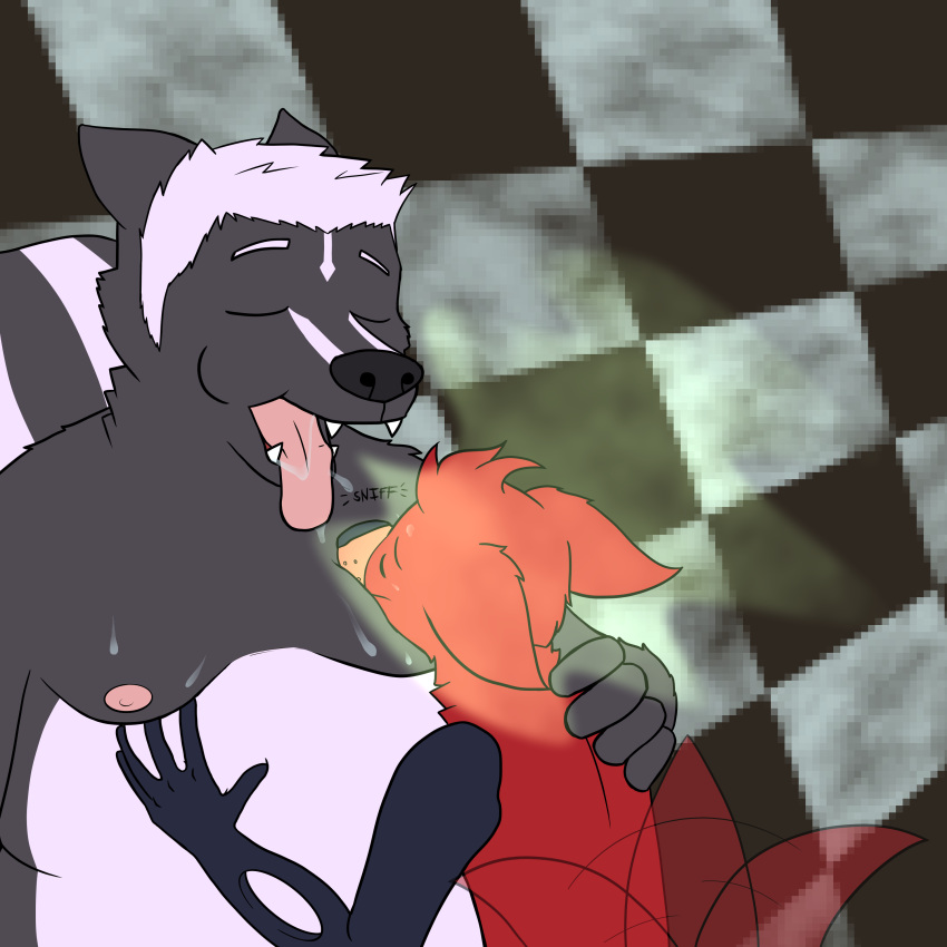 1:1 absurd_res anthro bodily_fluids burp_cloud burp_in_face burping canid canine casimir_(cooperdooper) checkered_background cooperdooper drooling duo embrace fox hi_res hug male male/male mammal mephitid musk pattern_background pyrocynical saliva simple_background skunk slightly_chubby sniffing sweat tail_motion tailwag tongue tongue_out