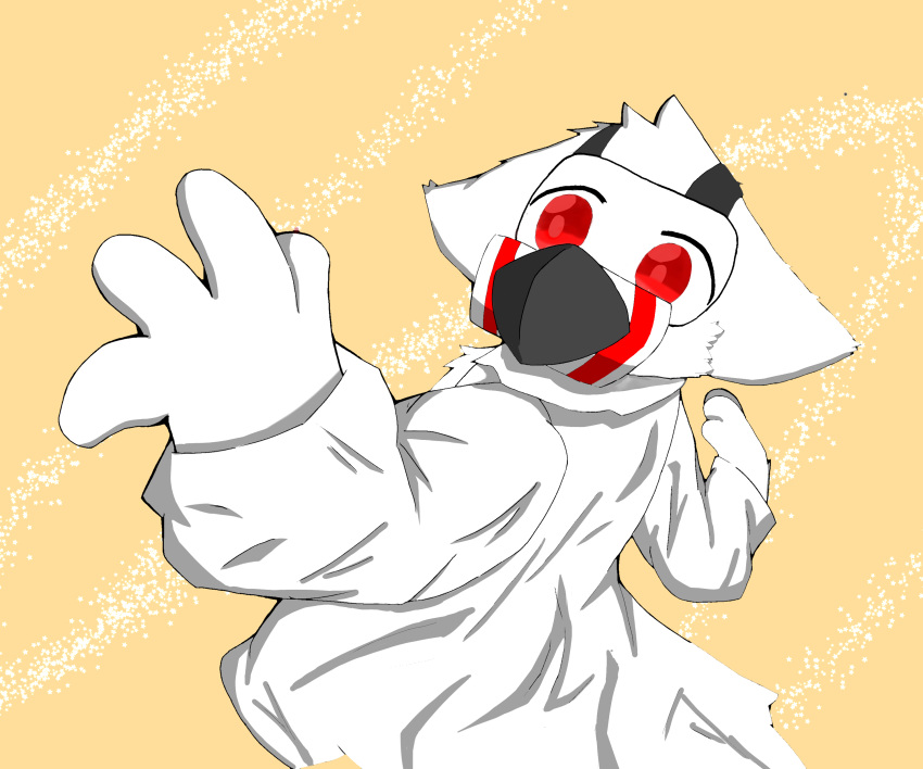 4_fingers 6:5 absurd_res anthro canid canine canis changed_(video_game) clothing coat dr._k_(changed) fingers fur gas_mask head_tuft hi_res lab_coat male mammal mask minya_0413 red_eyes simple_background solo topwear tuft white_body white_fur wide_eyed wolf yellow_background