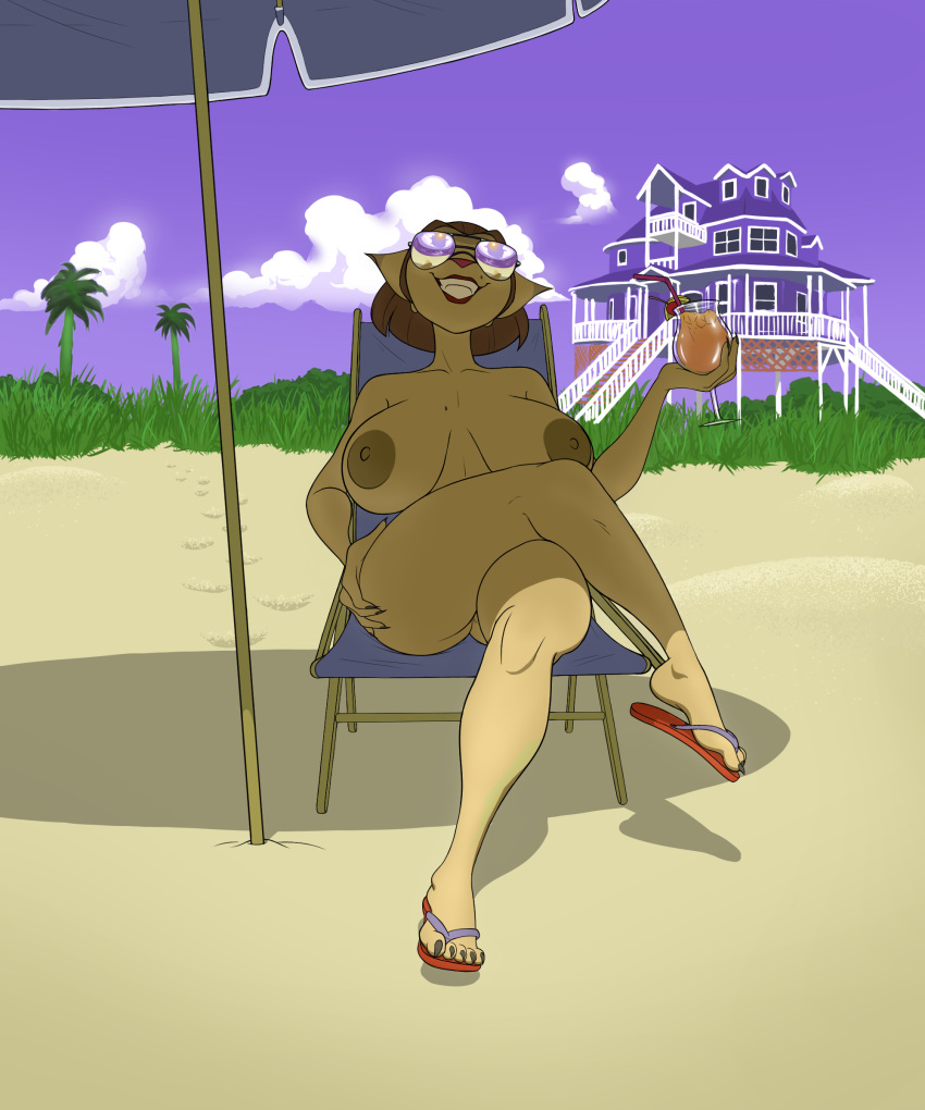 5:6 absurd_res alien anthro beach beverage big_breasts breasts captain_amelia clothing disney domestic_cat eyewear felid feline felis female footwear grin hi_res holding_beverage holding_object huge_breasts kabrro looking_at_viewer mammal nude sandals seaside smile solo sunglasses swimwear treasure_planet