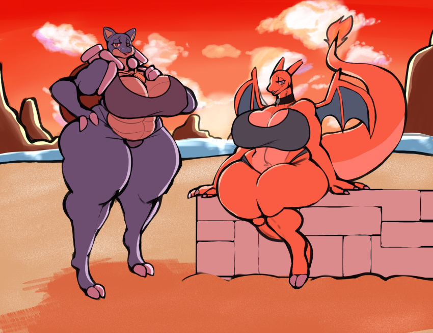 anthro beach big_breasts blastoise breasts charizard cleavage clothed clothing female hi_res nintendo non-mammal_breasts nude pok&eacute;mon pok&eacute;mon_(species) pokebraix seaside sitting thick_thighs video_games