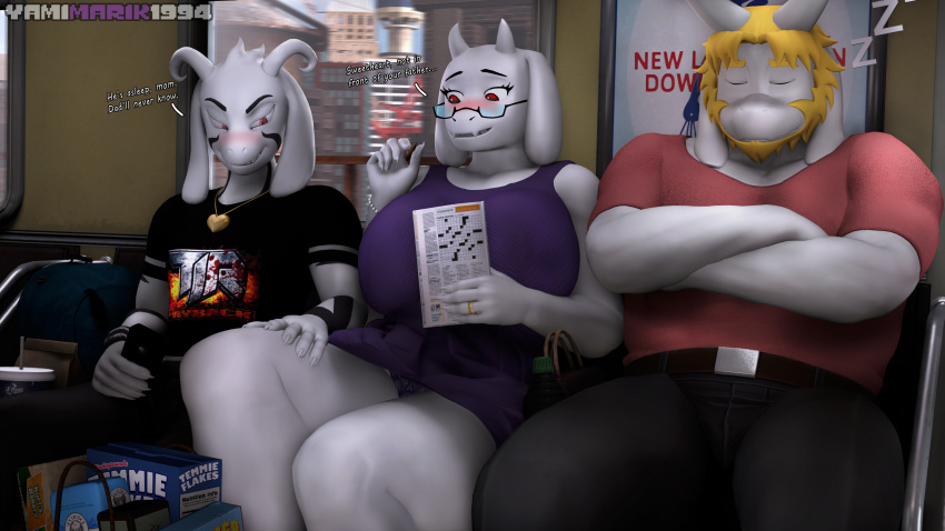 16:9 2021 2_horns 3d_(artwork) 4k absurd_res age_difference anthro anthro_on_anthro asgore_dreemurr asriel_dreemurr asriel_dreemurr_(god_form) beard belt big_breasts black_body black_bottomwear black_clothing black_fur black_markings black_pants black_pupils black_shirt black_t-shirt black_topwear blonde_hair blush boss_monster bottle bottomwear bovid breasts capcom caprine cellphone claws clothing crossed_arms curled_horns curvy_figure cute_fangs dead_rising dialogue digital_media_(artwork) dress english_text facial_hair father father_and_child father_and_son female finger_claws floppy_ears fur goat grin group hair hi_res holding_cellphone holding_object holding_phone holding_smartphone horn huge_breasts incest_(lore) infidelity intraspecies lace_panties leg_grab looking_down male male/female mammal markings mature_female mother mother_and_child mother_and_son older_anthro older_female panties pants parent parent_and_child phone pupils purple_clothing purple_dress purple_panties purple_underwear purse red_clothing red_eyes red_shirt red_t-shirt red_topwear romantic romantic_couple shirt sitting sleeping smartphone smile son sound_effects source_filmmaker t-shirt text text_on_clothing text_on_shirt text_on_topwear thick_thighs thigh_grab topwear toriel train trio undertale undertale_(series) underwear vehicle video_games voluptuous white_body white_claws white_fur white_horn widescreen yamimarik1994 younger_anthro younger_male zzz