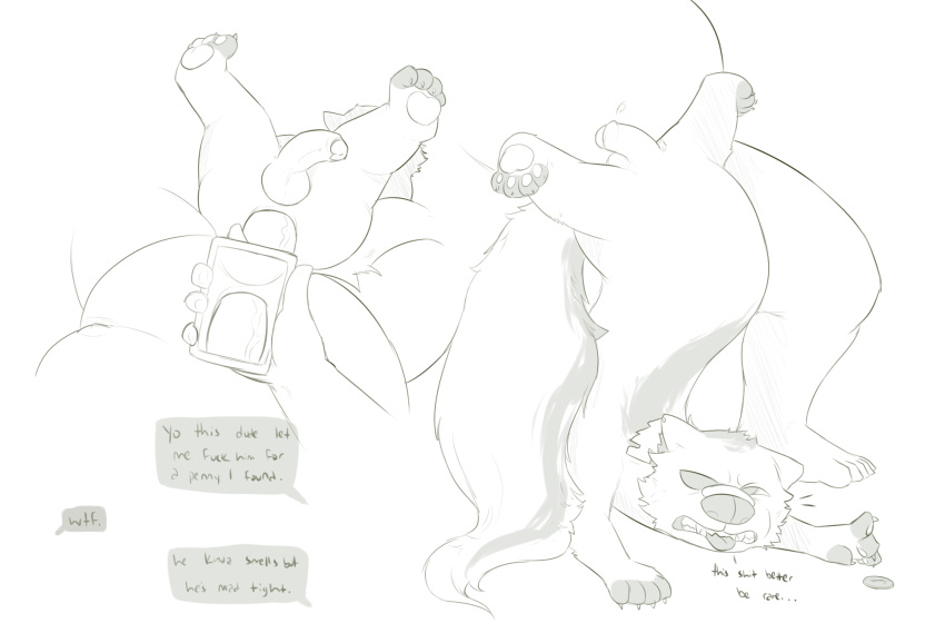 anthro big_penis claws coin dialogue domestic_ferret duo genitals hi_res himerosthegod human human_on_anthro interspecies long_body male male/male mammal monochrome mustela mustelid musteline pawpads penis phone pissboy_(himeros) simple_background size_difference sketch texting tongue tongue_out true_musteline white_background
