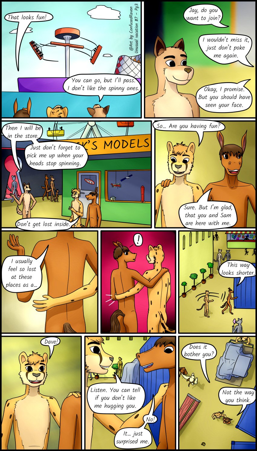 4:7 absurd_res amusement_park anthro canid canine canis casual_nudity cheetah confusedraven dialogue domestic_dog english_text equid equine felid feline female friends group hi_res horse male male/male mammal nude nudist text