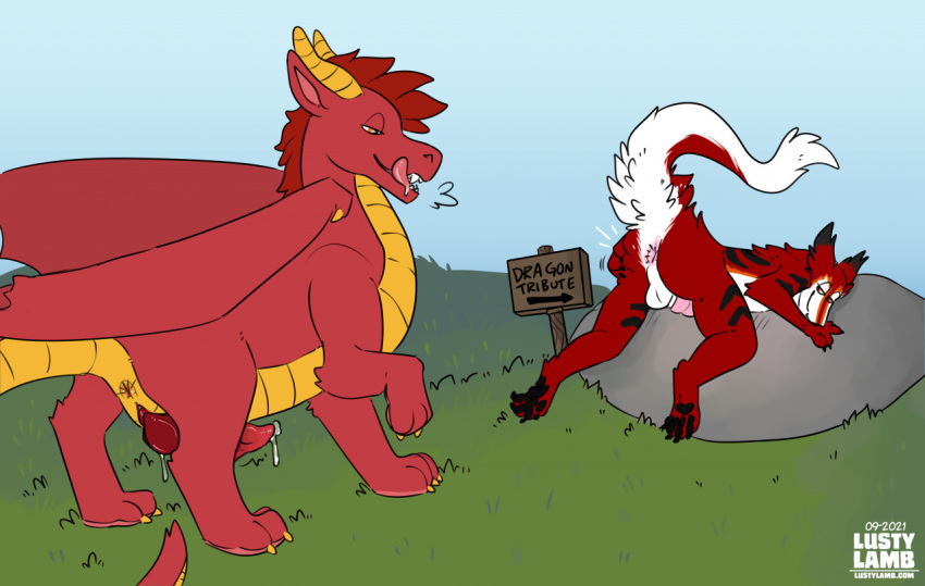 anthro anus backsack balls butt claws conditional_dnp draegonis dragon duo feral fur genitals grass horn humor licking licking_lips lustylamb male male/male outside penis plant presenting presenting_hindquarters raised_tail red_body red_fur reptile rock scalie sergal sign tongue tongue_out tribute western_dragon wings