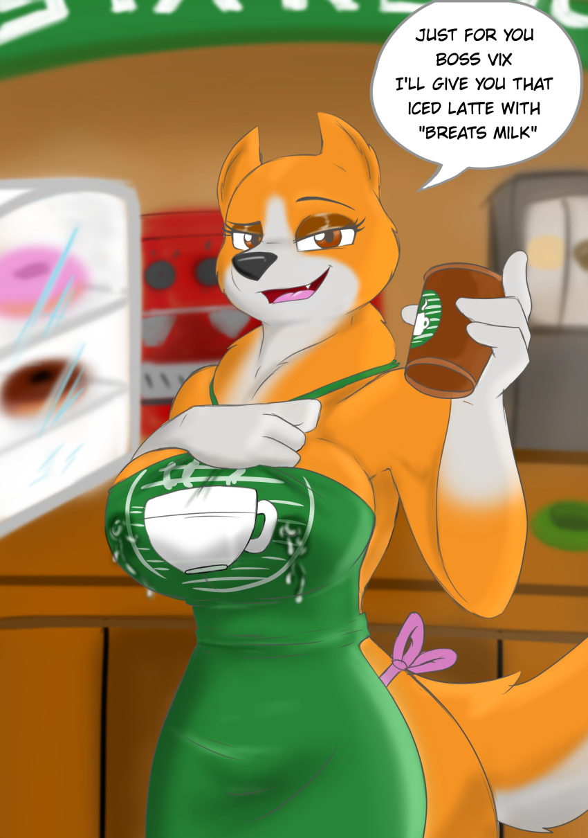 2021 absurd_res anthro apron apron_only areola beverage big_breasts black_nose bodily_fluids breast_milking breast_outline breasts brown_eyes cafe canid canine canis clothed clothing coffee coffee_shop colored container cup curvaceous curvy_body curvy_female curvy_figure curvy_hips dessert detailed_background dialogue digital_drawing_(artwork) digital_media_(artwork) domestic_dog doughnut english_text eyebrows eyelashes eyeshadow fangs female fluffy fluffy_tail food fur green_apron grey_body grey_fur hi_res huge_breasts i_mean_breast_milk lactating lactating_through_clothing leaking leaking_through_clothing logo looking_at_viewer machine makeup mammal meme milk mostly_nude multicolored_body multicolored_fur neck_tuft nipple_outline open_mouth orange_body orange_fur partially_clothed portrait principericardo sarka_(principe_ricardo) shaded smile smiling_at_viewer solo speech_bubble standing text thick_thighs three-quarter_portrait tight_clothing tongue topwear translation_check translation_request tuft two_tone_body two_tone_fur voluptuous wet wet_clothing wide_hips