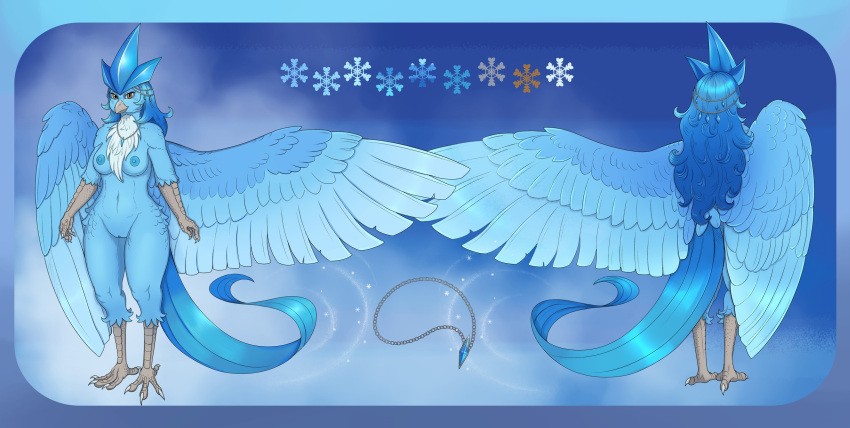 anthro articuno breasts female folded_wings front_view genitals harmaagriffin hi_res jewelry legendary_pok&eacute;mon looking_at_viewer model_sheet navel necklace nintendo nude pok&eacute;mon pok&eacute;mon_(species) pussy rear_view snow snowflake solo spread_wings standing video_games wings
