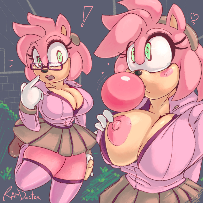 ! &lt;3 1:1 amy_rose anthro big_breasts blush bottomwear breasts bubble_gum cleavage clothed clothing eulipotyphlan eyewear female glasses hedgehog hi_res legwear mammal one_breast_out ramdoctor sega skirt solo sonic_the_hedgehog_(series) thigh_highs