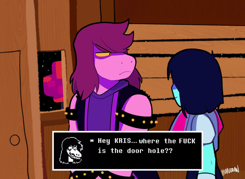 ambiguous_gender anthro armband blue_body blue_skin bracelet deltarune dialogue drake_&amp;_josh duo english_text female hair hi_res human humor itsaaudraw jewelry kris_(deltarune) kris_where_are_we lol_comments mammal meme nickelodeon profanity purple_body purple_hair scalie spiked_armband spiked_bracelet spikes susie_(deltarune) text undertale_(series) video_games