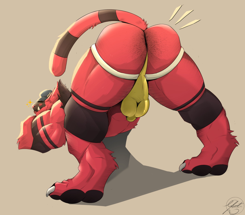 2021 abs absurd_res anthro ass_up balls_outline biceps big_bulge big_butt biped black_body black_fur black_pawpads blep body_hair bulge butt butt_hair clothed clothing felid feline fur genital_outline hat headgear headwear hi_res incineroar jack-o'_pose jockstrap jockstrap_only kristof-wulf male mammal markings muscular muscular_anthro muscular_male nintendo pawpads paws penis_outline perineum pok&eacute;mon pok&eacute;mon_(species) pose presenting presenting_hindquarters quads red_body red_fur ring_(marking) ringtail shadow simple_background solo sparkles tail_markings thick_thighs tongue tongue_out underwear underwear_only video_games