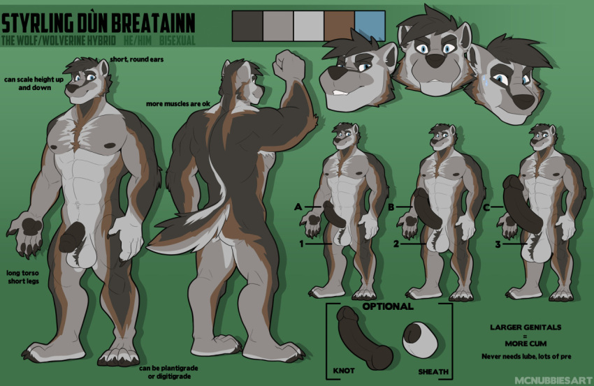 2021 abs animal_genitalia anthro back_muscles ball_tuft balls biceps big_balls big_penis blue_eyes brown_body brown_fur brown_hair butt canid canine canis color_swatch crotch_tuft disembodied_head english_text erection flaccid flexing fur genitals grey_body grey_fur gulonine hair huge_balls huge_penis humanoid_genitalia humanoid_penis hybrid hybrid_genitalia hybrid_penis hyper hyper_balls hyper_genitalia hyper_penis knot knotted_humanoid_penis looking_at_viewer male mammal mcnubbies model_sheet muscular muscular_anthro muscular_male mustelid musteline nipples pawpads paws pecs penis pose quads sheath smile solo styrling teeth text thick_penis tuft wolf wolverine