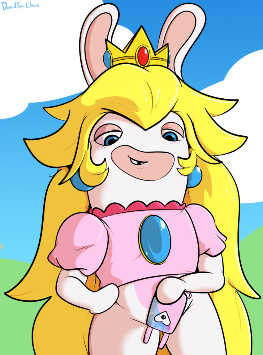 2021 anthro blonde_hair bottomless clothed clothing crossover davidsanchan female hair hand_on_hip hi_res lagomorph mammal mario_bros mario_plus_rabbids_kingdom_battle nintendo outside portrait rabbid rabbid_peach raving_rabbids rayman_(series) selfie smile solo standing taking_picture three-quarter_portrait ubisoft video_games