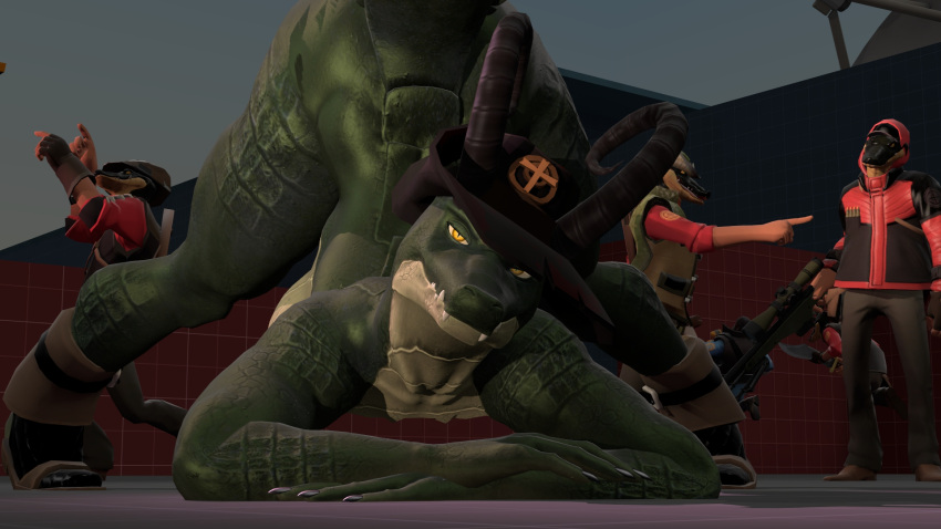 16:9 3d_(artwork) anthro awp boots clothed clothing crocodile crocodile_(petruz) crocodilian crocodylid dancing digital_media_(artwork) duo female footwear gun hat headgear headwear hi_res jack-o'_pose looking_at_another looking_at_viewer male male/female miss-mundany_(photolol.03) photolol.03 pose ranged_weapon reptile rifle scalie sniper_(team_fortress_2) source_filmmaker team_fortress_2 trash valve video_games weapon widescreen