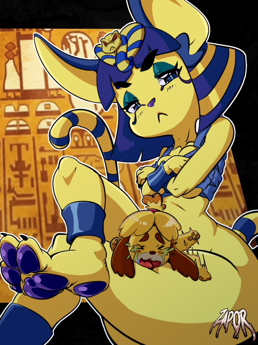 3:4 animal_crossing ankha_(animal_crossing) anthro duo feet female female/female gloom_(disambiguation) hi_res isabelle_(animal_crossing) low-angle_view macro nintendo pawpads paws size_difference smaller_female soles squish thick_thighs thigh_squish toes video_games zapor zapor666