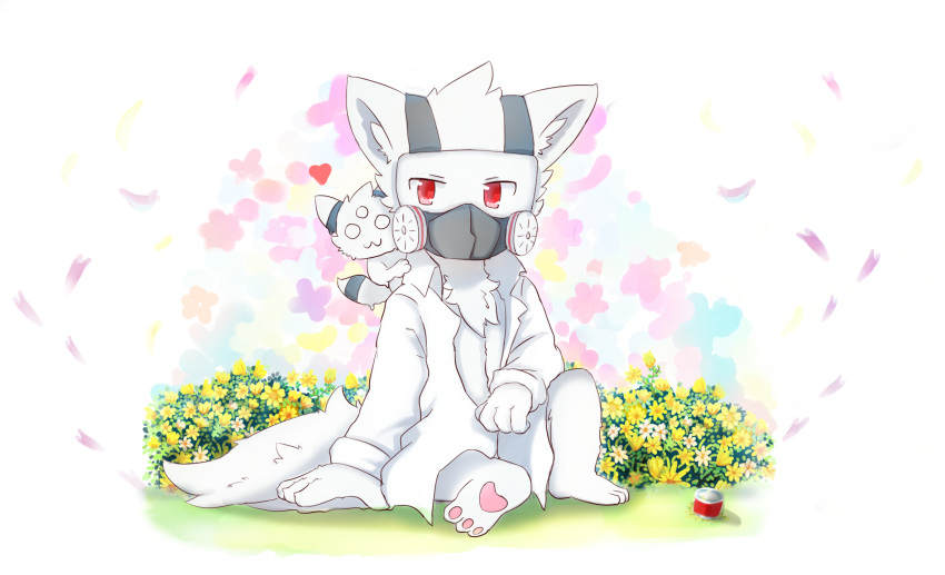 &lt;3 3_eyes 3_toes 4_fingers ambiguous_gender ambiguous_species anthro black_body black_fur can canid canine canis changed_(video_game) chest_tuft clothing coat container daww dr._k_(changed) dripping duo feet fingers flower flower_petals fur gas_mask grass head_tuft hi_res inner_ear_fluff lab_coat male mammal mask multi_eye outside pawpads paws petals plant red_eyes shrub sitting solo_focus striped_body striped_fur stripes toes topwear tuft white_body white_fur wolf 都是宇宙的错