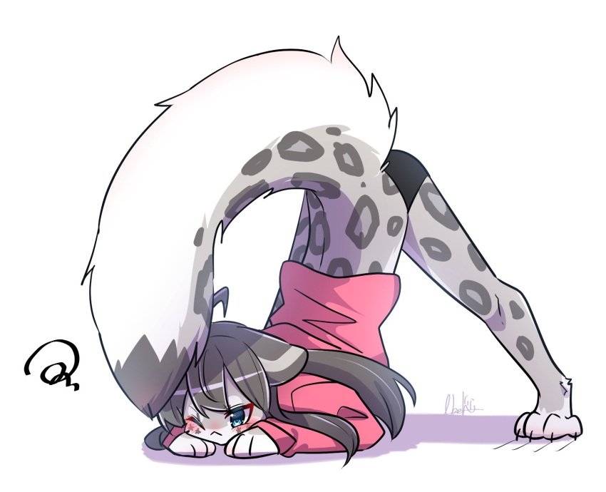 4_toes anthro ass_up black_bottomwear black_clothing black_hair black_shorts blue_eyes blush bottomwear clothing feet felid female fluffy fluffy_tail frown fur grey_body grey_fur hair hi_res jack-o'_pose kemono lon_hair mammal multicolored_body multicolored_fur nachiwanko one_eye_closed pantherine pink_clothing pink_sweater pink_topwear pose raised_tail shadow shorts simple_background snow_leopard snow_leopard_(nachiwanko) solo spots spotted_body spotted_fur sweater toes topwear two_tone_body two_tone_fur white_background white_body white_fur