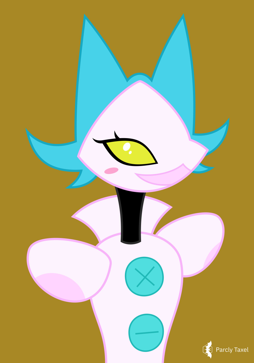 2021 absurd_res anthro deltarune domestic_cat felid feline felis female half-length_portrait happy hi_res looking_at_viewer machine mammal modular orange_background parclytaxel portrait robot signature simple_background smile solo tasque_manager undertale_(series) video_games white_body yellow_sclera