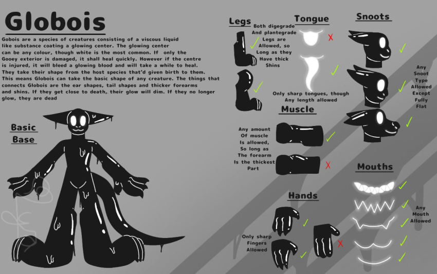 ambiguous_gender anthro black_body black_goo english_text globoi_(snizzydraws) glowing glowing_eyes glowing_tongue goo_creature model_sheet snizzydraws solo text tongue white_eyes white_tongue