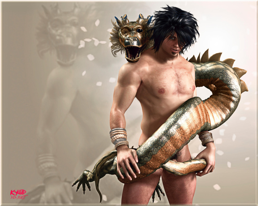 3d_(artwork) 5:4 ambiguous_gender asian_mythology balls barely_visible_balls barely_visible_genitalia barely_visible_penis black_hair claws digital_media_(artwork) dragon duo east_asian_mythology eastern_dragon feral flaccid genitals hair hi_res human k-raven long_torso looking_at_viewer male male/ambiguous mammal millennium_dragon mythology nipples nude one_eye_closed penis pubes scalie toe_claws wink