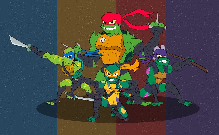 action_pose anthro belt darkajugin donatello_(tmnt) green_body green_skin group hi_res leonardo_(tmnt) male markings mask michelangelo_(tmnt) pose raphael_(tmnt) reptile rise_of_the_teenage_mutant_ninja_turtles scalie shell teenage_mutant_ninja_turtles turtle weapon yellow_eyes